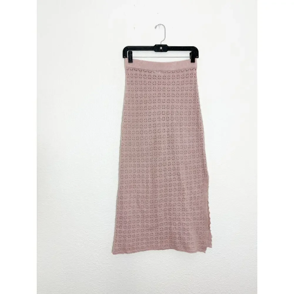 Zara Pointelle Knit Light Pink Midi Skirt Size Small Bodycon 5536/009 Girly